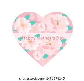 Vector illustration of a heart design with pink flowers and the text Happy Mother's Day. For greeting cards, festive decorations, and celebrating Mother's Day