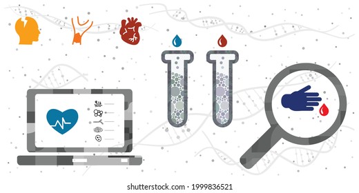 vector illustration of heart diagnostics with computer and laboratory tools for cardiac diseases detection