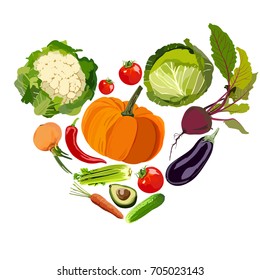 Vector illustration of heart from different vegetables on white background. Element for design.