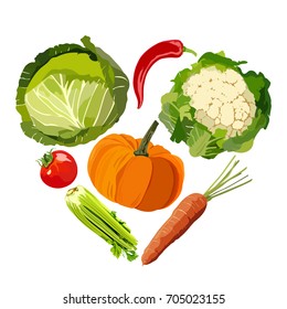 Vector illustration of heart from different vegetables on white background. Element for design.