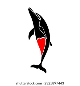 Vector illustration of heart with dolphin. Symbol of fish, care and love for animals.