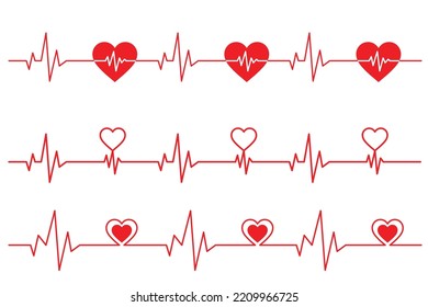 Vector Illustration heart and ECG EKG signal set, Heart Beat pulse line concept design isolated on white background Heartbeat line. Pulse trace. EKG and Cardio symbol. Healthy and Medical concept. 