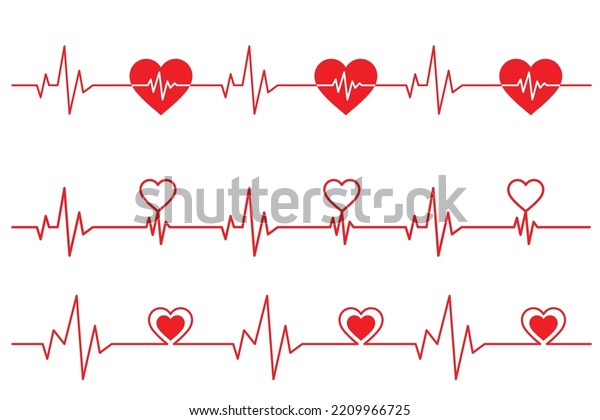Vector Illustration heart and ECG EKG signal set, Heart\
Beat pulse line concept design isolated on white background\
Heartbeat line. Pulse trace. EKG and Cardio symbol. Healthy and\
Medical concept. 