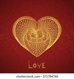 Vector illustration of heart embroidered on cardboard.