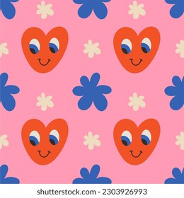 Vector illustration of heart with face and flower, seamless pattern. Flat design, cartoon.