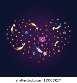 Vector illustration. Heart of falling stars, planets, comets and galaxies on a cosmic background. Heart in the universe. Space design. The theme of love and friendship in the universe. T shirt design