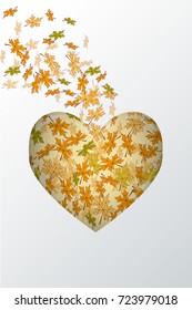 Vector illustration of heart filled with autumn leaves on grey background