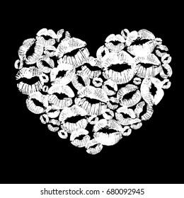 Vector illustration with a heart filled with kiss traces on black background.