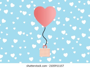 Vector illustration heart floating with gift in blue sky background, love concept on wedding or valentines's day, romantic concept