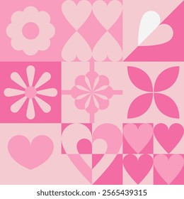 Vector illustration of heart and floral motifs arranged in a symmetrical pattern with a classic feminine pink color. Isolated for multi-use application.