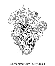 Vector illustration of a heart, flowers and lettering. Hand drawn illustration, My love for you only grows lettering.