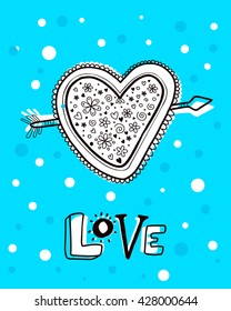 Vector illustration of heart with flowers heart pierced by an arrow and text love on blue with dots background. Hand draw flat line art design to make a wedding card, poster, postcard, greeting card