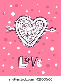 Vector illustration of heart with flowers heart pierced by an arrow and text love on pink with dots background. Hand draw flat line art design to make a wedding card, poster, postcard, greeting card