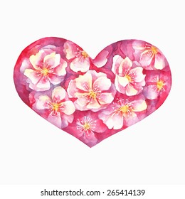 vector illustration of a heart with flowers, watercolor cherry blossoms,  Valentine's Day