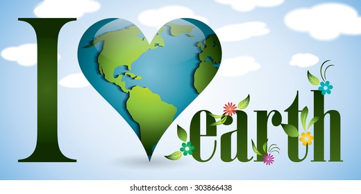 Vector illustration of a heart globe card. I love earth.