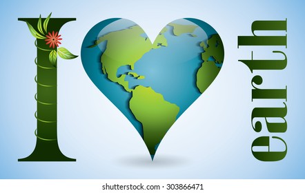 Vector illustration of  a heart globe card. I love earth.