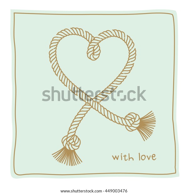 Vector illustration.\
Heart from gold rope on the gentle turquoise background. signature\
with love