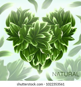 Vector Illustration with Heart and Green Leaves. Natural or Summer Card Design