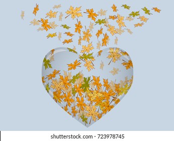 Vector illustration of heart half-filled with autumn leaves on blue background