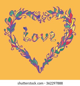 Vector illustration of heart. Hand drawn love doodle. Colorful element on summer orange background. Hippie style. Decorative Greeting Card Invitation Poster Design or for other uses. 