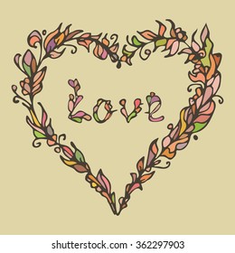 Vector illustration of heart. Hand drawn love doodle. Warm colors. Vector element on light beige background. Decorative Greeting Card Invitation Poster Design or for other uses. 
