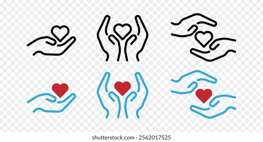 Vector illustration of heart in hand  icon set isolated on transparent background