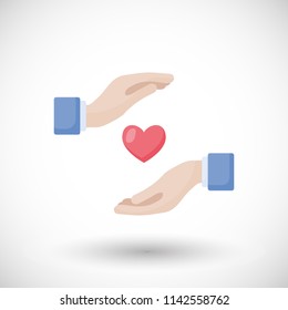 Vector illustration heart in hands flat icon Graphic element for for the orphanage, baby care, donation centre. Fundraising symbols. Crowdfunding project label. Logo for charity and care