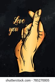 Vector illustration. heart hands. Handmade, prints on T-shirts, tattoos, background chalkboard, gold color