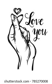 Vector illustration. heart hands. Handmade, prints on T-shirts, tattoos, background white