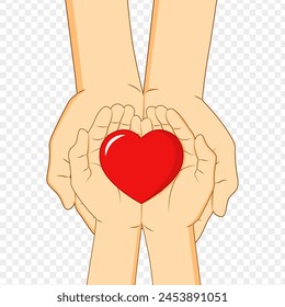 Vector illustration of heart in hands on transparent background