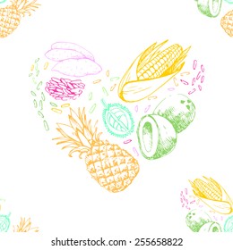 Vector illustration of a heart with a healthy diet. Healthy lifestyle. Coconut, pineapple, rice, yam, Fruits in the sign of the heart. illustration  about a healthy lifestyle. Eco picture.