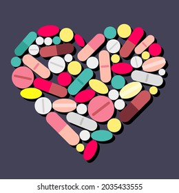 vector illustration of a heart laid out from medical pills isolated on a purple background. useful for print, illustration for medical articles about cardiology and heart health, Valentine's Day cards