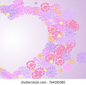 Vector illustration of a heart of love from abstract pink, purple, yellow flowers and drops on a light pink isolate background