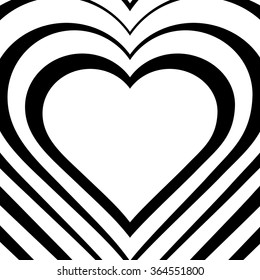 Vector illustration of heart. Love symbol. Geometric white and black background. Optical illusion. Abstract backdrop. Valentine's Day card. Graphic poster. Use for invitation, wallpaper,web element.