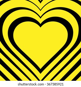 Vector illustration of heart. Love symbol. Geometric yellow and black background. Optical illusion. Abstract backdrop. Valentine's Day card. Graphic poster. Use for invitation, wallpaper,web element.