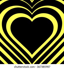 Vector illustration of heart. Love symbol. Geometric yellow and black background. Optical illusion. Abstract backdrop. Valentine's Day card. Graphic poster. Use for invitation, wallpaper,web element.