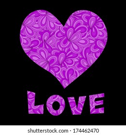 Vector illustration with heart and Love text. Happy Valentine's greeting card, invitation. EPS