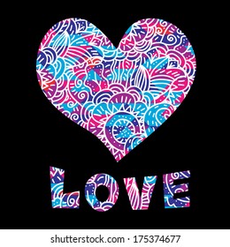 Vector illustration with heart and Love text. Happy Valentine's greeting card, invitation. EPS