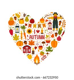 Vector illustration of heart made from autumn elements: vegetables, fruits, candles, lanterns. Bright poster for fall season. Concept background.