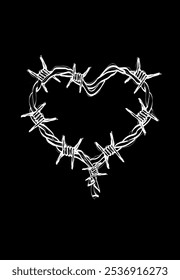 Vector illustration. Heart made of barbed wire, on a black background. Sketch for Valentine's Day.