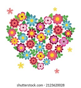 Vector illustration of a heart made of flowers on a white background. Clip art, greeting card, picture.
