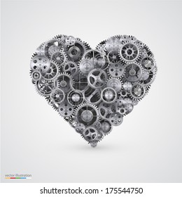 Vector Illustration of a heart made with gears, Mechanics gray Heart icon.