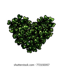 Vector illustration of heart made of green four and three doodle hand drawn clover leaves.