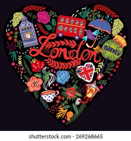 Vector illustration of Heart made from London's symbol in bright colors.