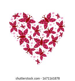 Vector illustration of a heart made of pink butterflies and stars. For the decor of postcards.