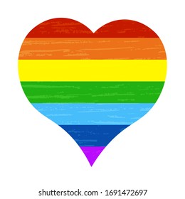 Vector illustration of a heart made of rainbow colors on a white background, textured, artistic. Symbol Pride Parade Template.