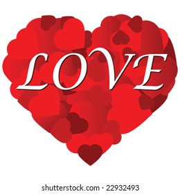 Vector illustration of a heart made of smaller hearts, and with stylized word LOVE inside it