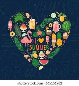 Vector illustration of heart made from summer elements: food, drinks, palm leaves, fruits and flamingo. Bright summertime poster. Concept background.