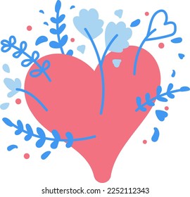 Vector illustration of heart with nature elements. Branches and flowers, together with a heart. Flowering of love Personal growth.