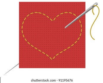 Vector illustration of the heart, needle and thread